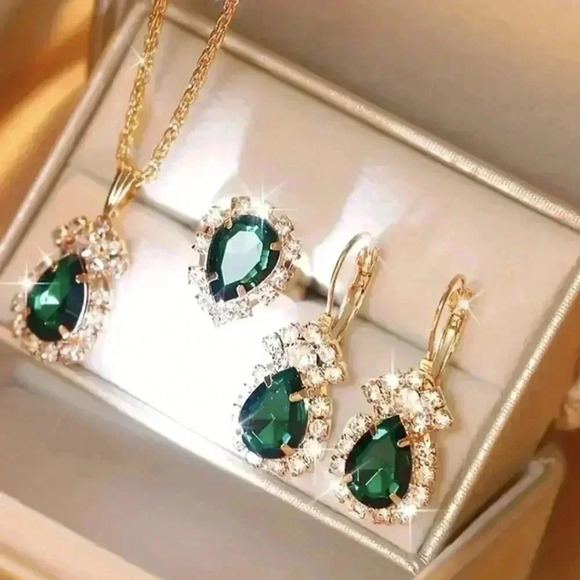 Women's 4-Piece Green Drip Shaped Rhinestones Jewelry Set - Emerald Like - Picture 8 of 14